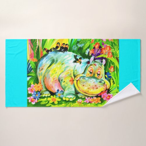 bright colorful hippopotamus and birds bath towel set