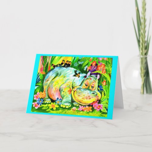 bright colorful hippopotamus and birds card