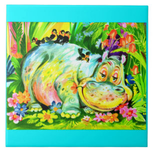 bright colorful hippopotamus and birds ceramic tile