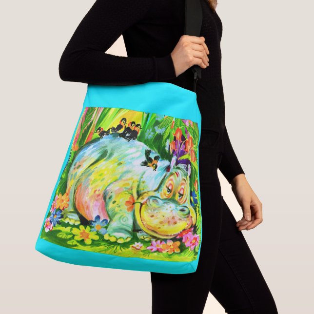 bright colorful hippopotamus and birds crossbody bag (Close Up)