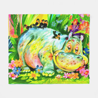 bright colorful hippopotamus and birds fleece blanket