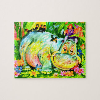 bright colorful hippopotamus and birds jigsaw puzzle