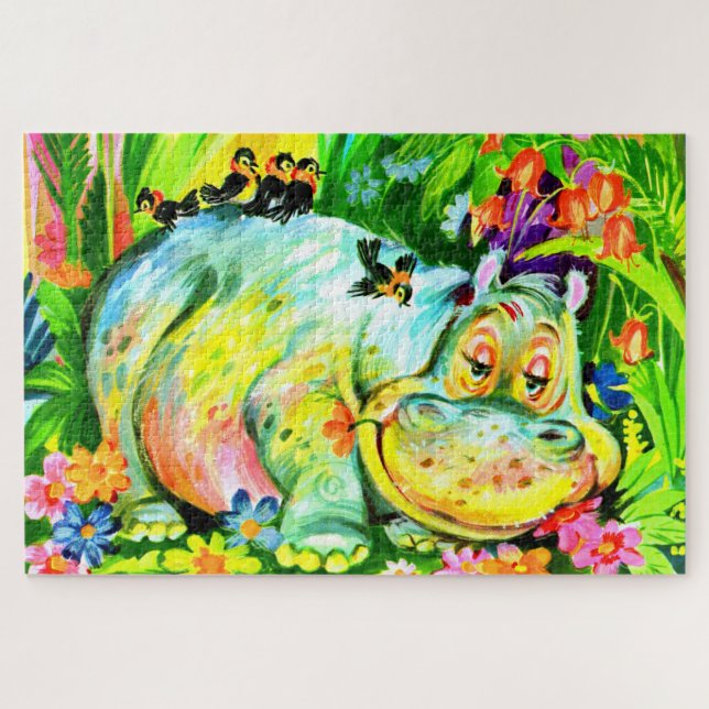 bright colorful hippopotamus and birds jigsaw puzzle (Horizontal)