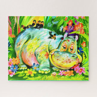 bright colorful hippopotamus and birds jigsaw puzzle