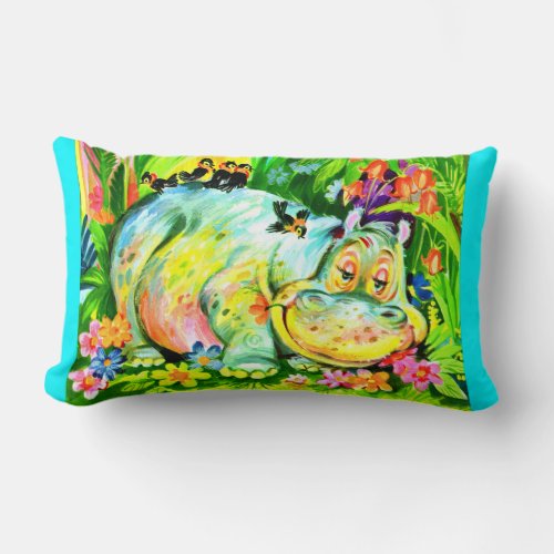 bright colorful hippopotamus and birds lumbar pillow