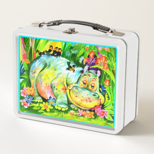 bright colorful hippopotamus and birds metal lunch box