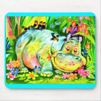 bright colorful hippopotamus and birds mouse pad