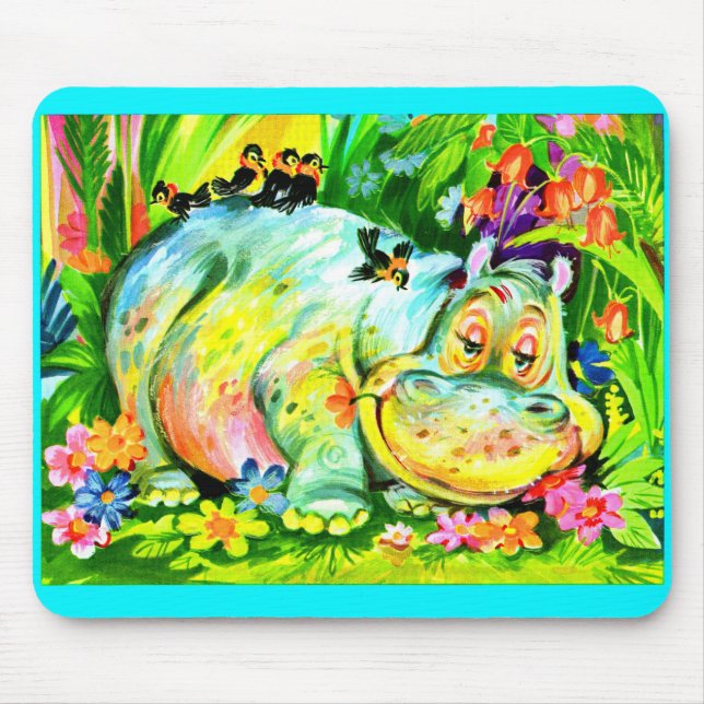 bright colorful hippopotamus and birds mouse pad (Front)