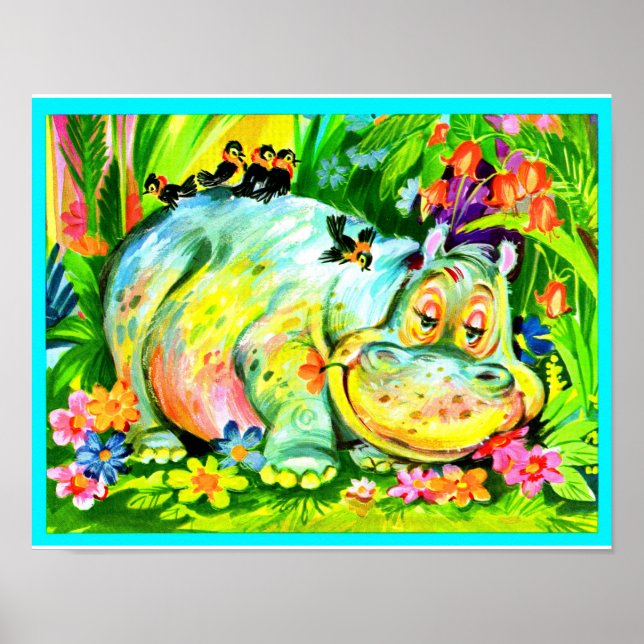 bright colorful hippopotamus and birds poster (Front)