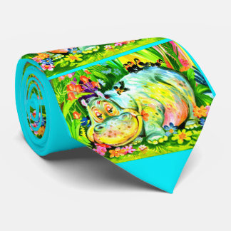 bright colorful hippopotamus and birds print neck tie