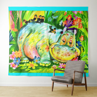 bright colorful hippopotamus and birds tapestry