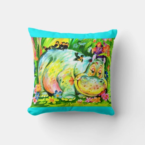 bright colorful hippopotamus and birds throw pillow