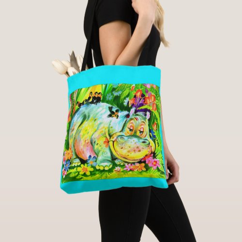 bright colorful hippopotamus and birds tote bag