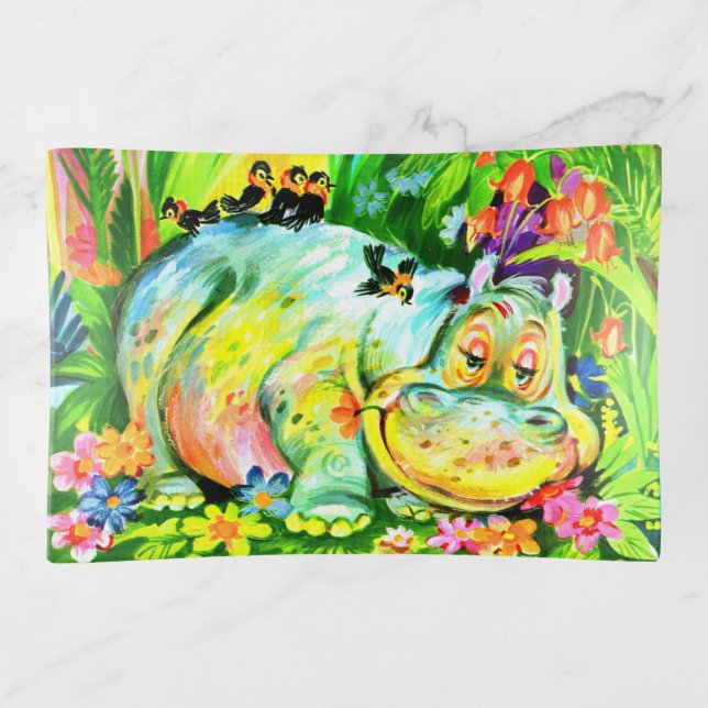 bright colorful hippopotamus and birds trinket tray (Front)