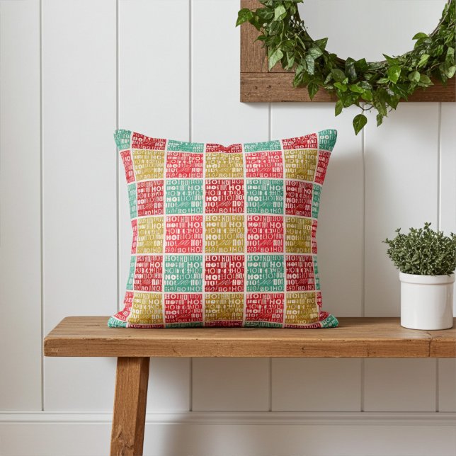 Bright Colorful "HO! HO! HO! Christmas Motif Throw Pillow (Creator Uploaded)
