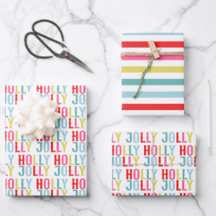 Bright Colorful Holly Jolly Holiday Wrapping Paper Sheets