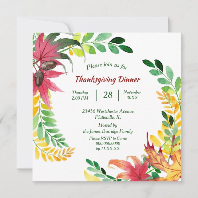 Bright Colorful Leaf Frame Thanksgiving Dinner Invitation (Front)