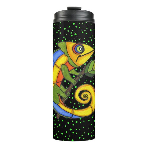 Bright Colorful Lizard Holding Branch Polka Dots Thermal Tumbler