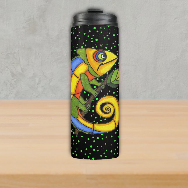 Bright Colorful Lizard Holding Branch Polka Dots Thermal Tumbler (Brightly coloured fantasy lizard holding stick green leaf green polka dots on black thermal tumbler.)