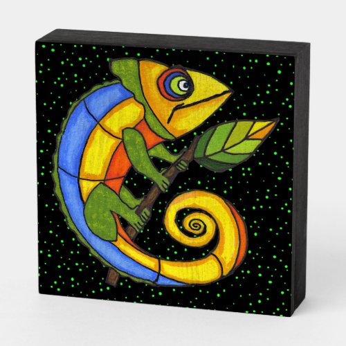 Bright Colorful Lizard on Twig With Leaf Green Dot Wooden Box Sign