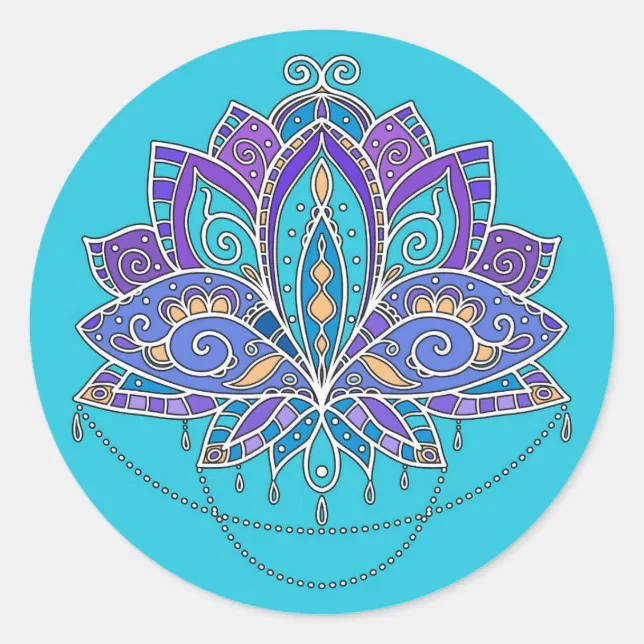 Bright Colorful Lotus flower on blue teal Classic Round Sticker | Zazzle