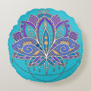 Bright Colorful Lotus flower on blue teal Round Pillow