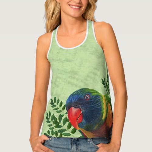 Bright Colorful Macaw Parrot Green Leaves Tank Top