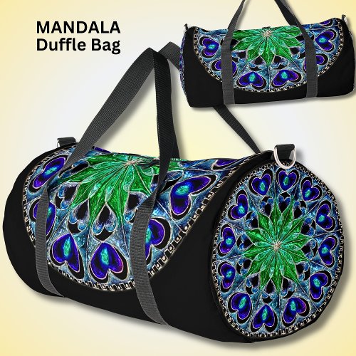 Bright Colorful Mandala Green Blue Hearts Duffle Bag