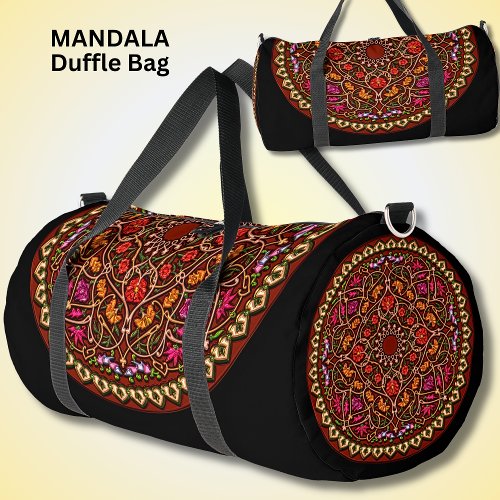 Bright Colorful Mandala Red Gold on Black Duffle Bag