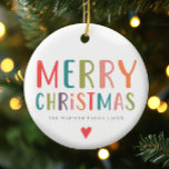 Bright & Colorful Merry Christmas Family Ceramic Ornament<br><div class="desc">This simple and fun family Merry Christmas ornament features a place for you to add your names and year,  with ‘Merry Christmas’ in colorful bright typography. On a back is a matching colorful polka dot design. The perfect modern and minimalist xmas holiday decor for your family this winter!</div>