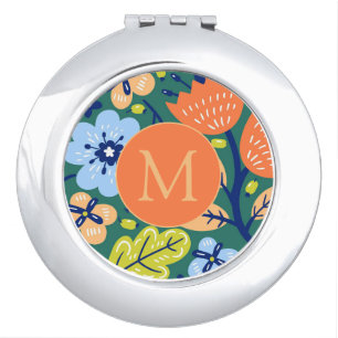 Bright Colorful Modern Floral Pattern Monogrammed Compact Mirror
