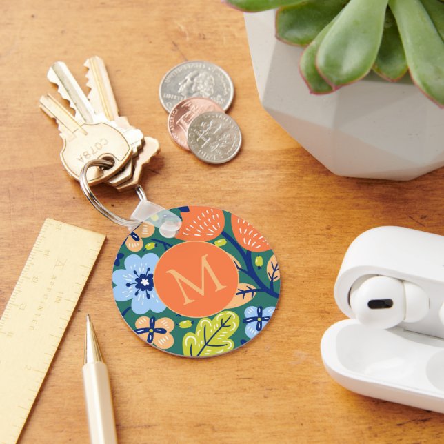 Bright Colorful Modern Floral Pattern Monogrammed Keychain (Desk)