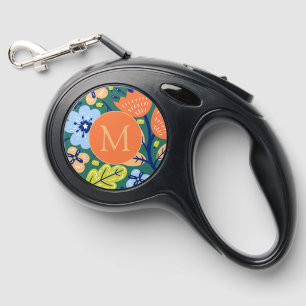 Bright Colorful Modern Floral Pattern Monogrammed Retractable Pet Leash
