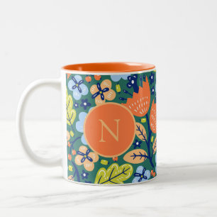 Bright Colorful Modern Floral Pattern Monogrammed Two-Tone Coffee Mug