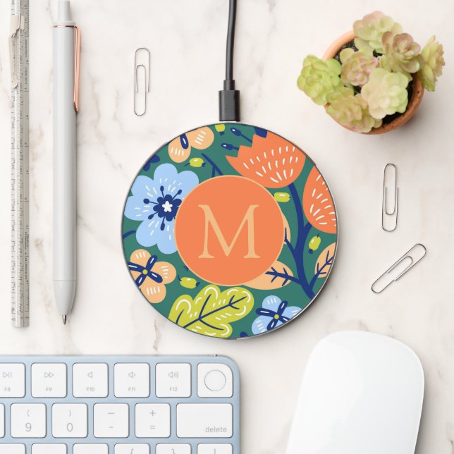 Bright Colorful Modern Floral Pattern Monogrammed Wireless Charger (Desk)