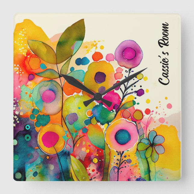 Bright Colorful Modern Floral Wall Clock (Front)