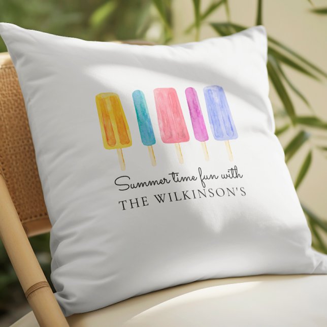 Bright colorful modern summer personalized throw pillow (personalized summer time fun throw pillow with vibrant watercolor painted ice pops )