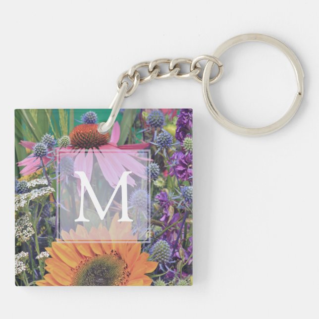 Bright Colorful Monogram Flowers Photo Keychain (Back)