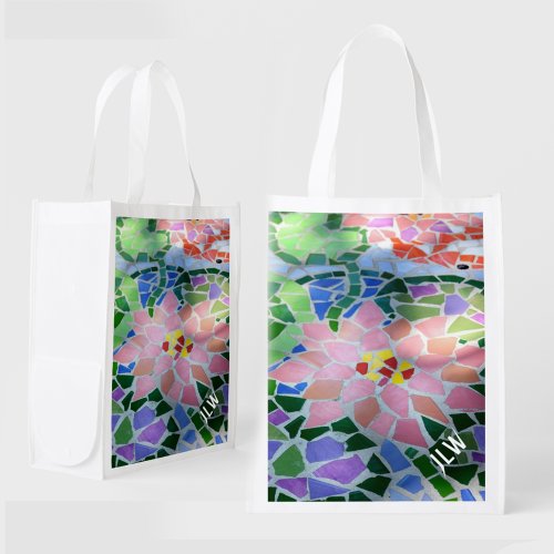 Bright Colorful Mosaic Pink Flower reusable Grocery Bag