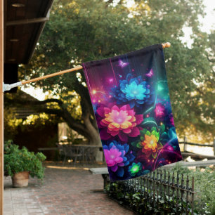 Bright, colorful neon flowers/butterflies house flag