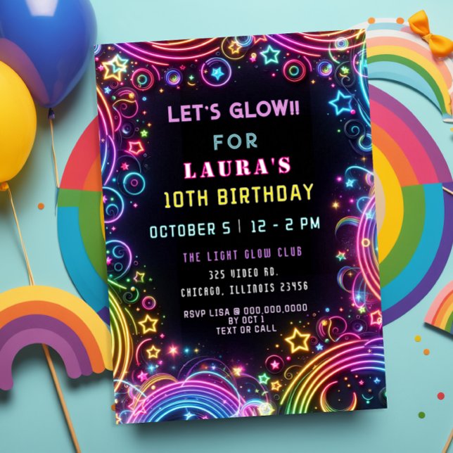 Bright Colorful Neon Glow Party Birthday Invitation (Bright Colorful Neon Glow Party Birthday Invitation)