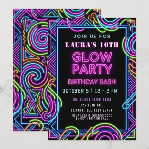 Bright Colorful Neon Glow Party Birthday Invitation