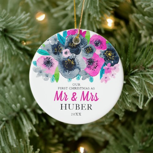 Bright Colorful Newlyweds Personalized Mr  Mrs Ceramic Ornament
