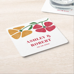 Bright & Colorful Nouveau Floral Wedding Reception Square Paper Coaster
