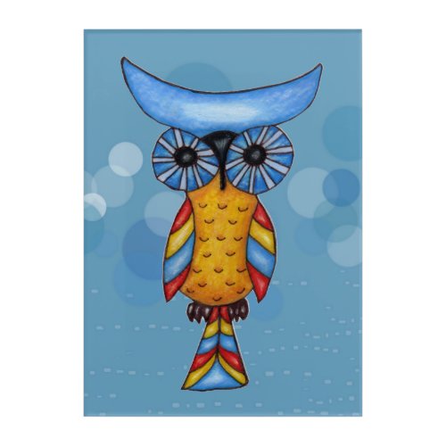 Bright Colorful Owl Big Blue Eyes on Circles Acrylic Print