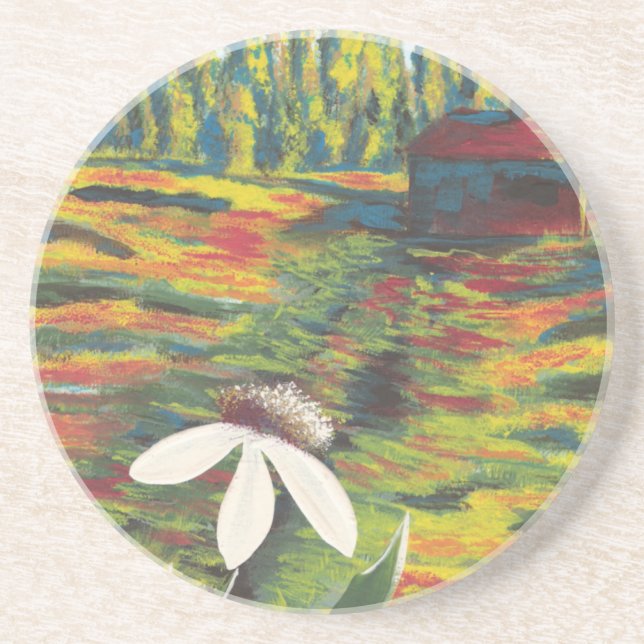 Bright Colorful Painting of Flower in Meadow Coaster (Front)