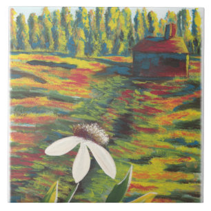 Bright Colorful Painting of Flower in Meadow Tile