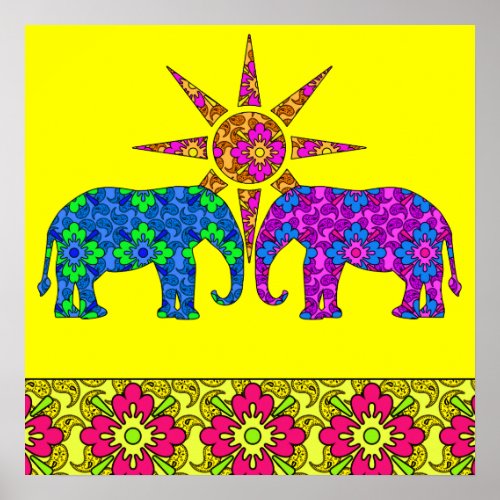 Bright Colorful Paisley Elephants Yellow Poster