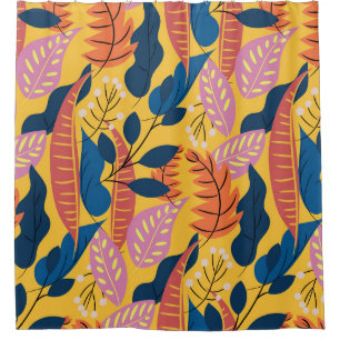 Bright colorful pattern with tropical leaves, ber shower curtain