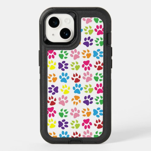Bright Colorful Paw Prints Pattern OtterBox iPhone 14 Case